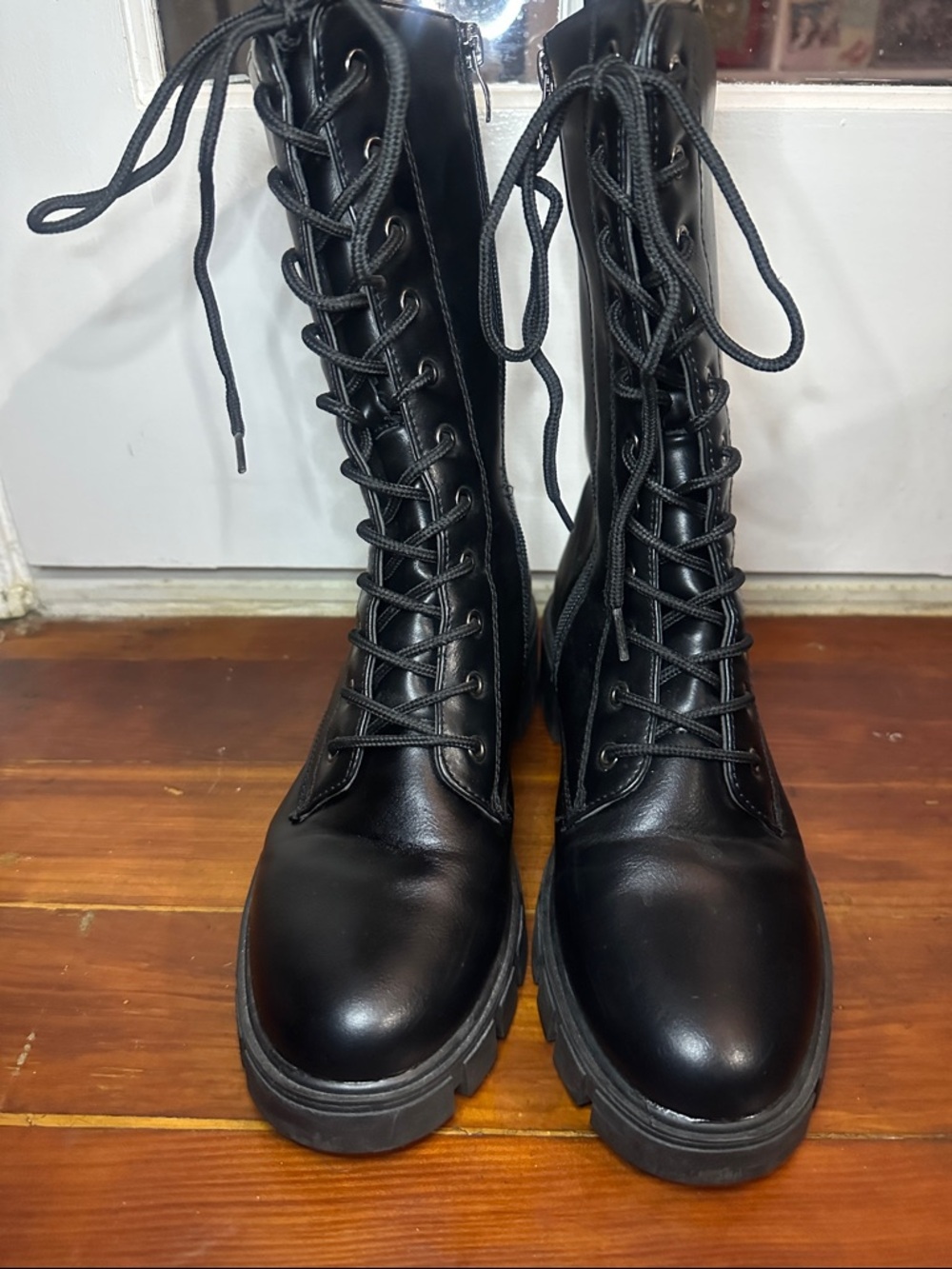 Qupid Black Lace-Up Platform Combat Boots